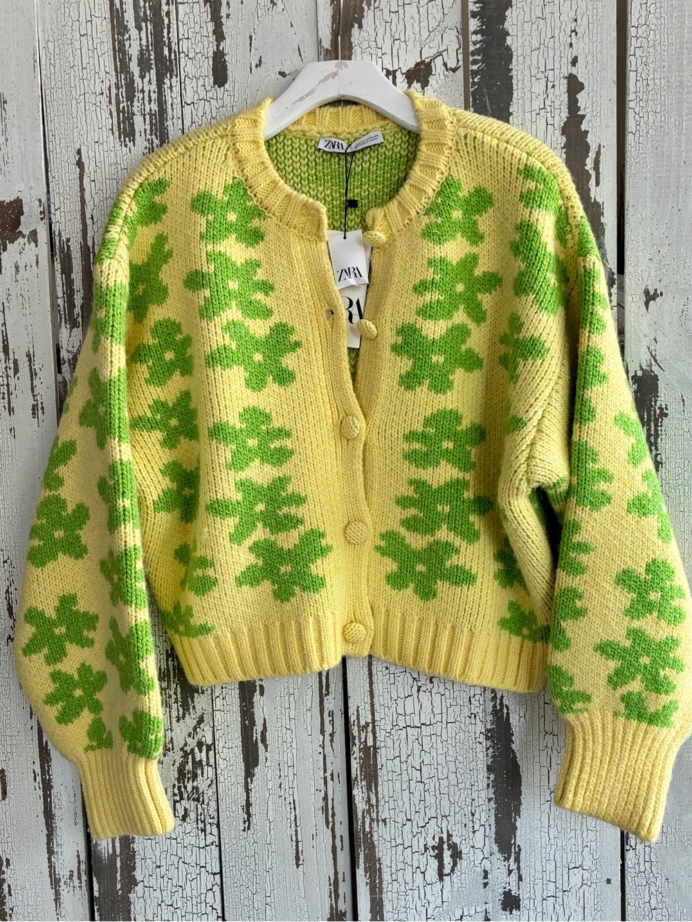 NWT Zara Yellow Floral Knit Cardigan Sweater Medium Crop Oversized